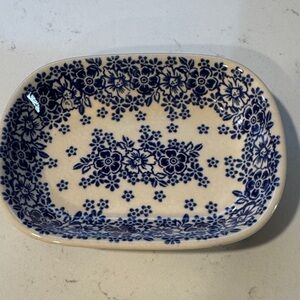 Polish Pottery: Floral Blue and White Ceramic Dish